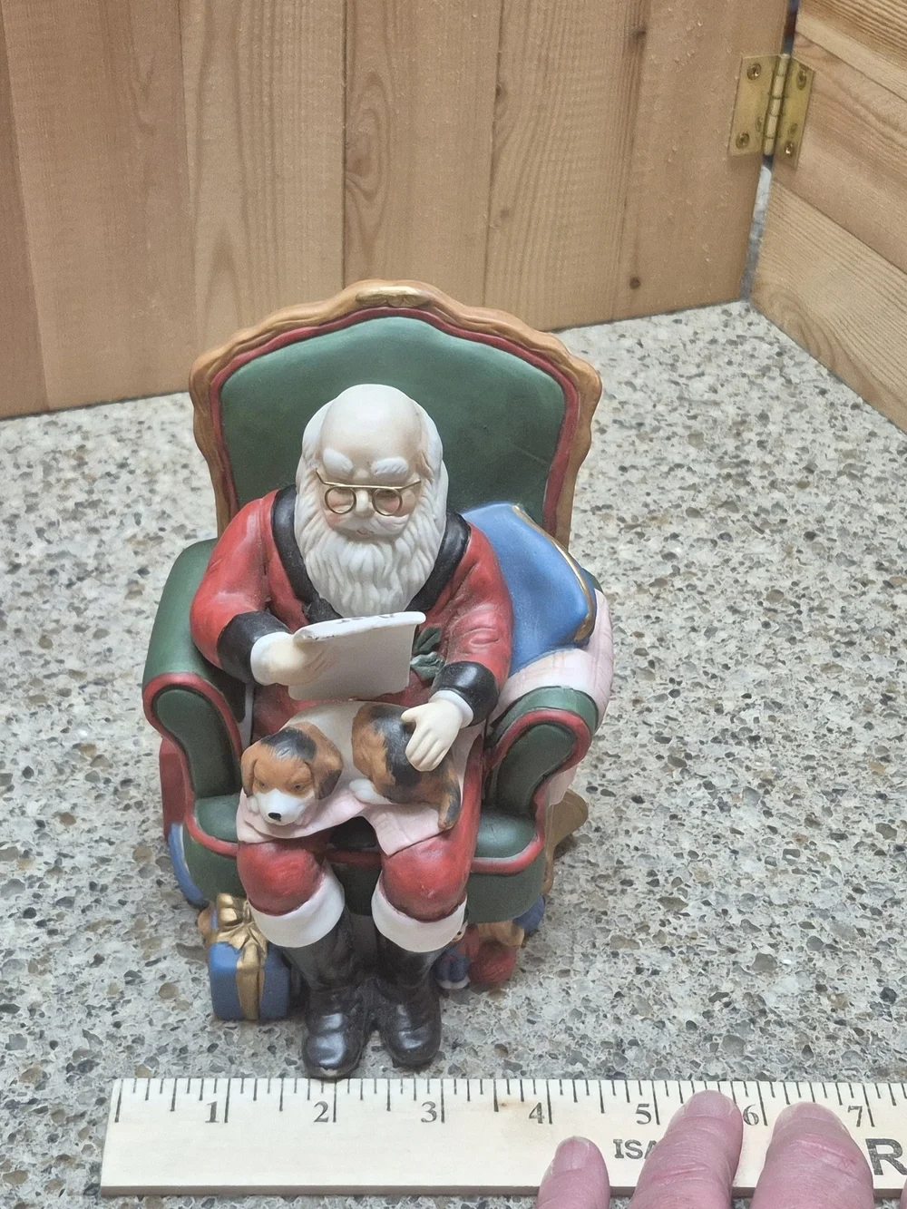 Vintage Musical Santa in Armchair Puppies Reading Letter Plays Here Comes Santa
